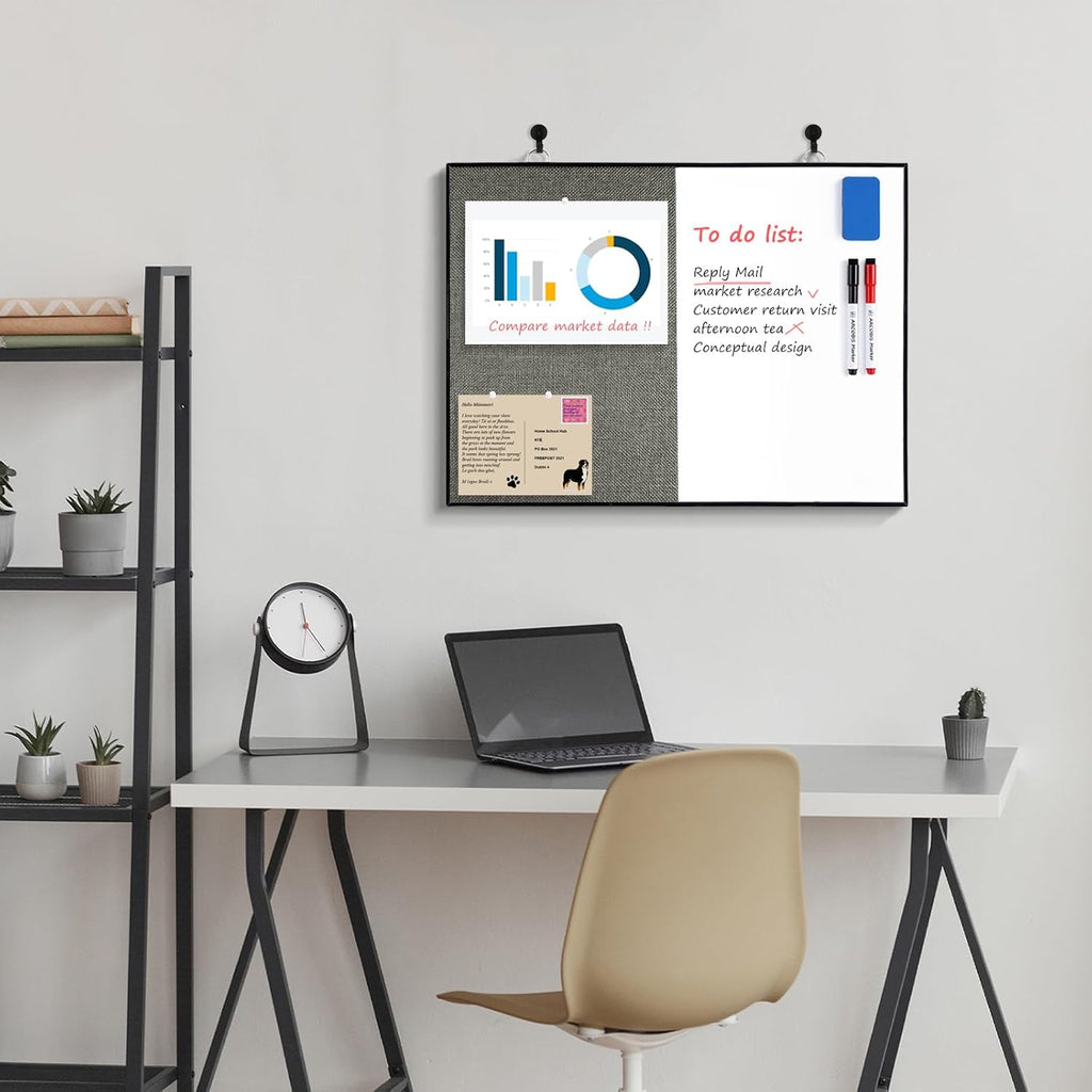 Cork Board White Board Combo, 24"X18" Linen Bulletin Board Whiteboard for Wall, Double-Sided Magnetic Dry Erase