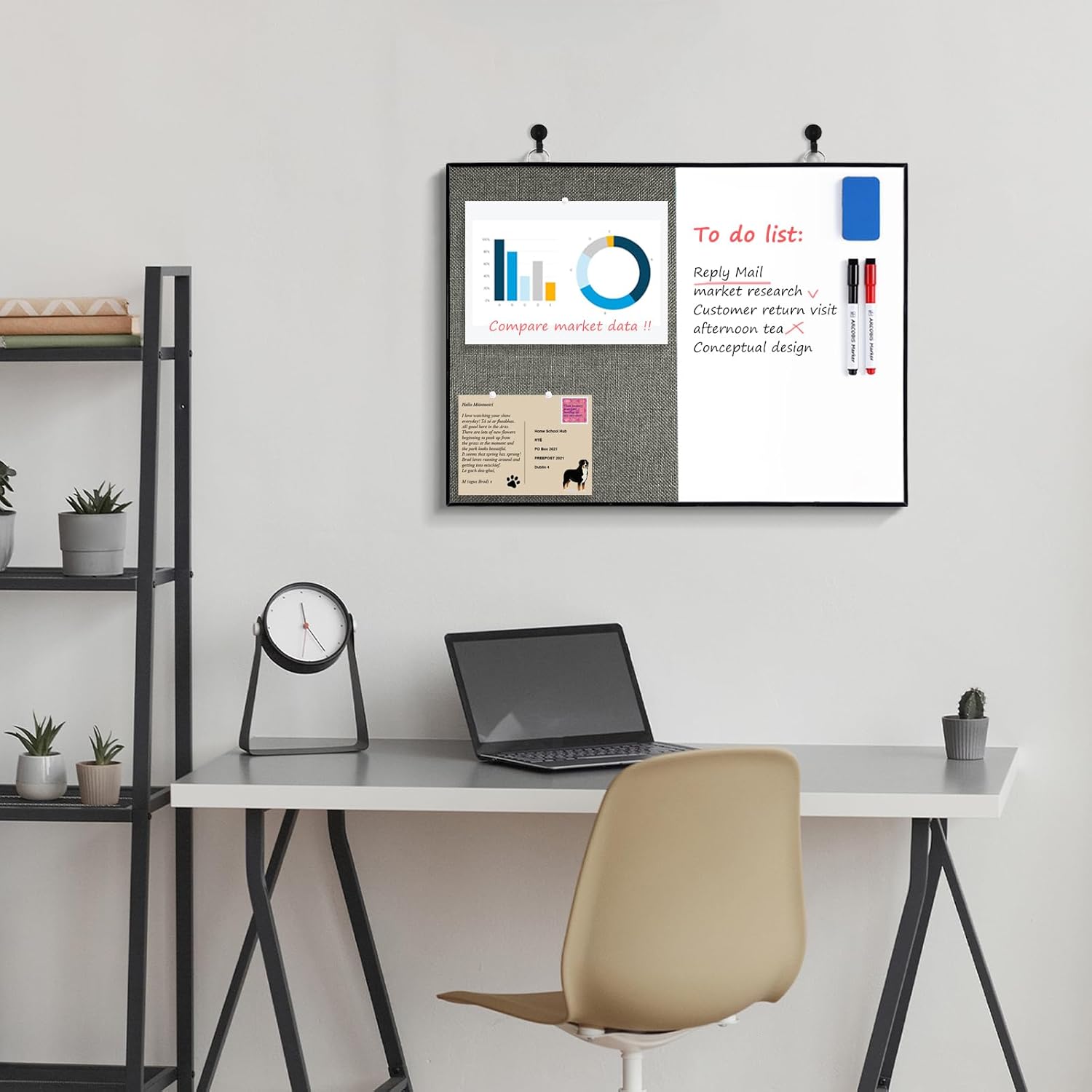 Cork Board White Board Combo, 24"X18" Linen Bulletin Board Whiteboard for Wall, Double-Sided Magnetic Dry Erase