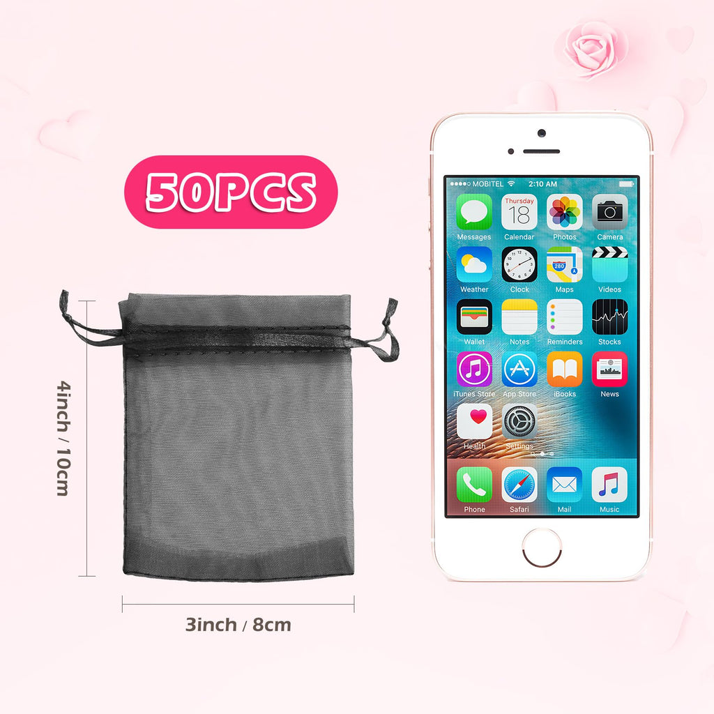 50 Pcs Black Organza Bags 3×4'', Small Mesh Gift Bag with Drawstring