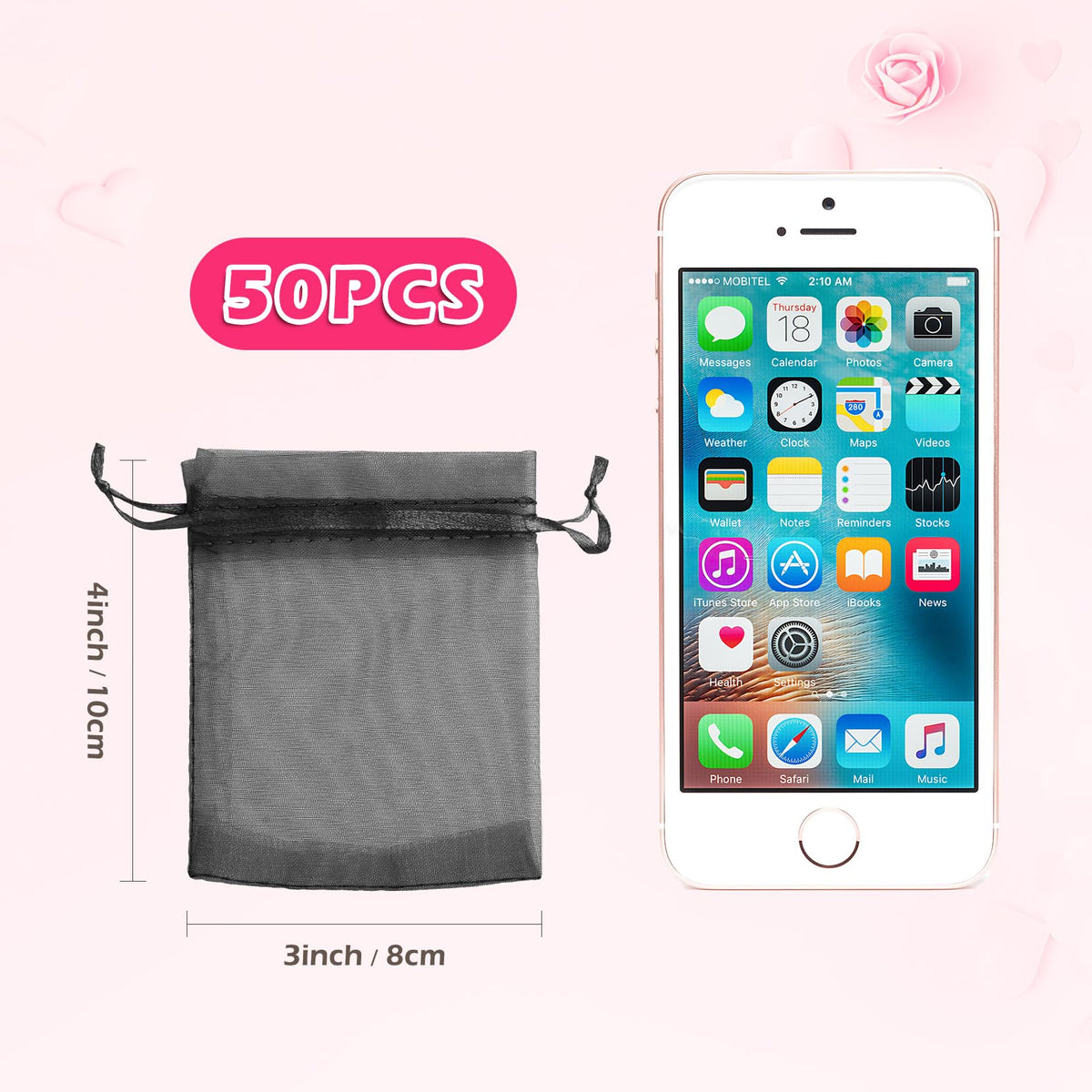 50 Pcs Black Organza Bags 3×4'', Small Mesh Gift Bag with Drawstring