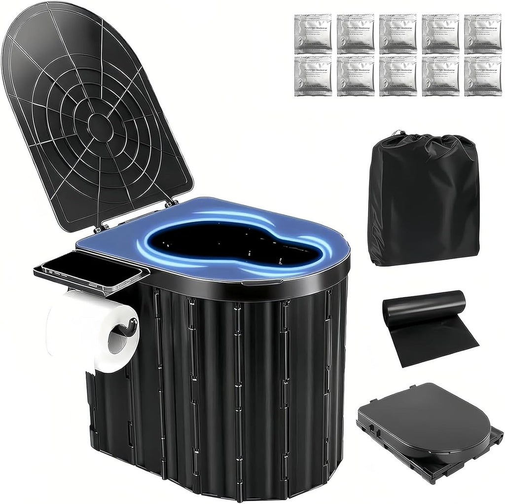 Portable Camping Toilet for Adults With Urine Gel & Leak-Proof Bags | Washable, 12-Inch Extra Wide Seat, Hold Up to