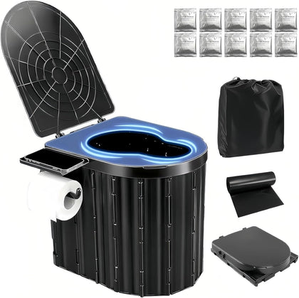 Portable Camping Toilet for Adults With Urine Gel & Leak-Proof Bags | Washable, 12-Inch Extra Wide Seat, Hold Up to