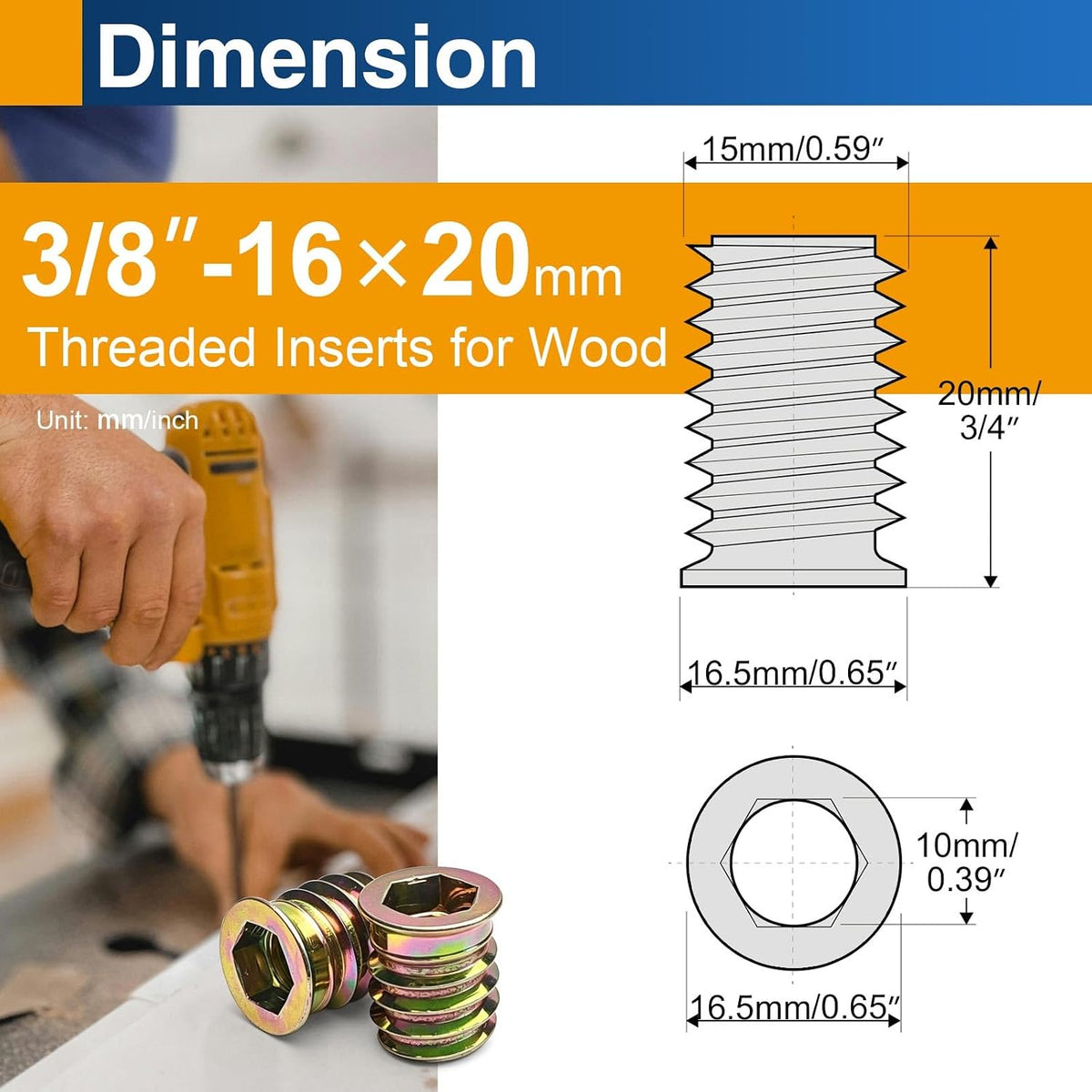 12PCS 3/8"-16 x 20mm Threaded Inserts for Wood, Hex Drive Nuts