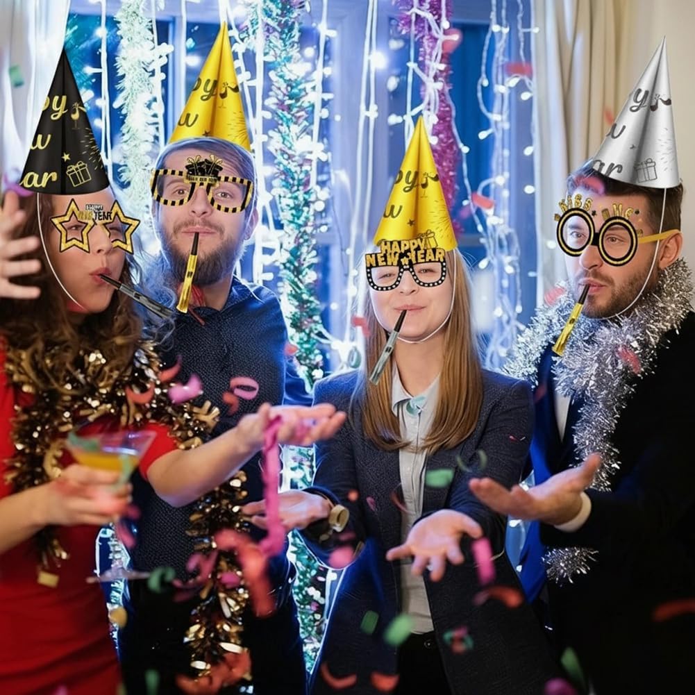 New Year’s Eve Party Supplies 2026– Includes Happy New Year Headbands, Cone Hats, Party Glasses, and Tassel Squawkers