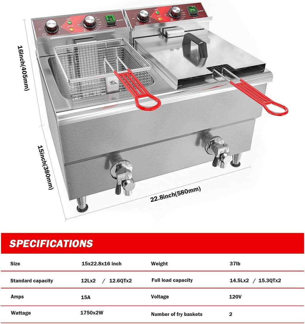 Commercial Fryer Stainless Steel Electric Deep Fryer with Oil Filtration and Timer 24L Large Capacity Dual Tank Fryer