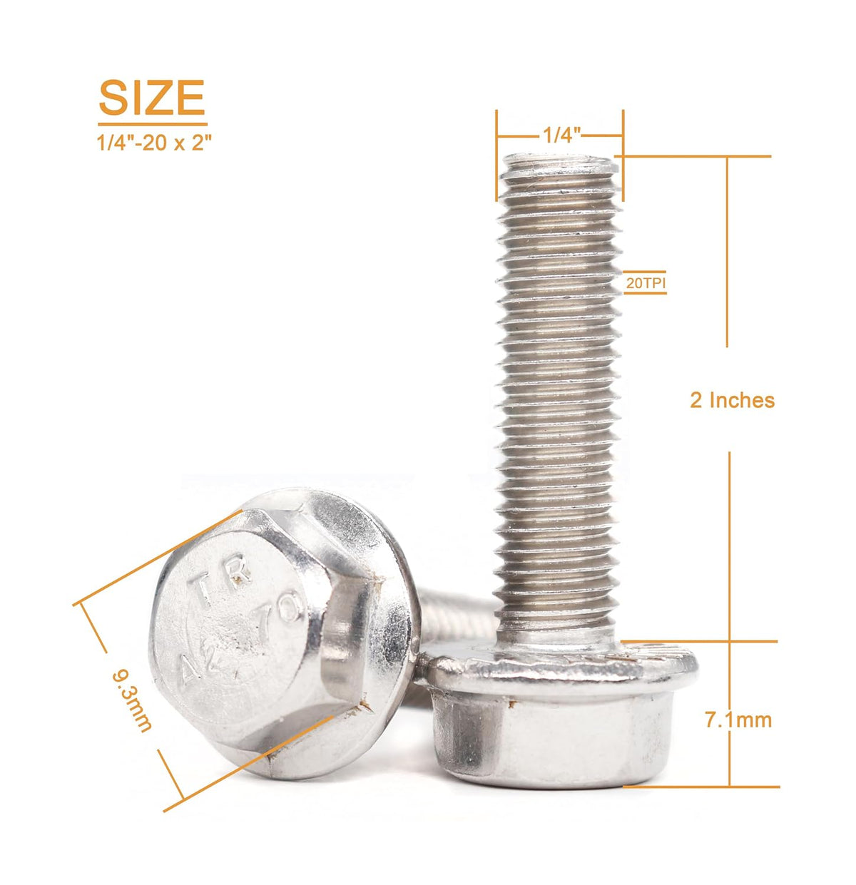 10pcs 1/4"-20 x 2 Serrated Flanged Hex Bolts Flange Hexagon Screws, Stainless Steel 18-8 (304), Plain Finish