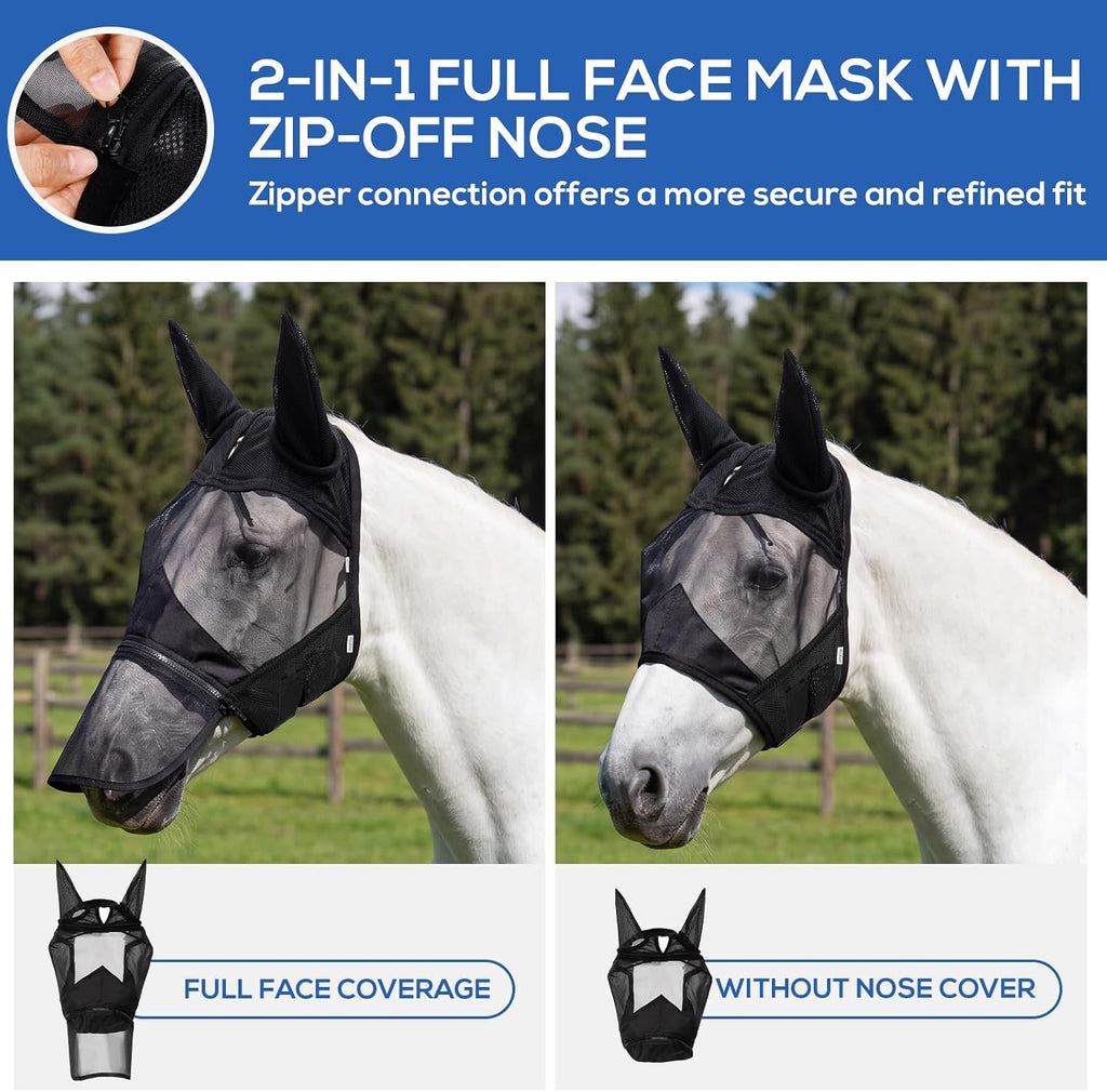 Horse Fly Mask with Ears & Detachable Nose Cover, Large