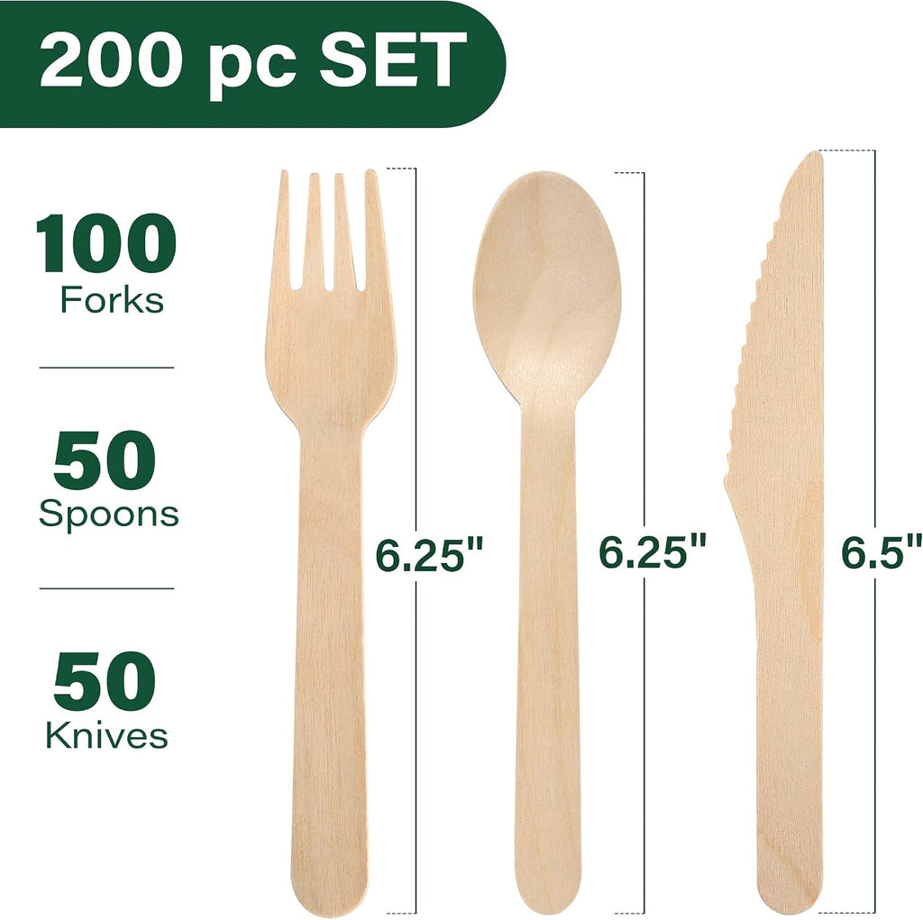 Disposable Cutlery Set, 200Pcs Wooden Compostable Utensils (100 Forks, 50 Spoons, 50 Knives) Eco-Friendly Forks And