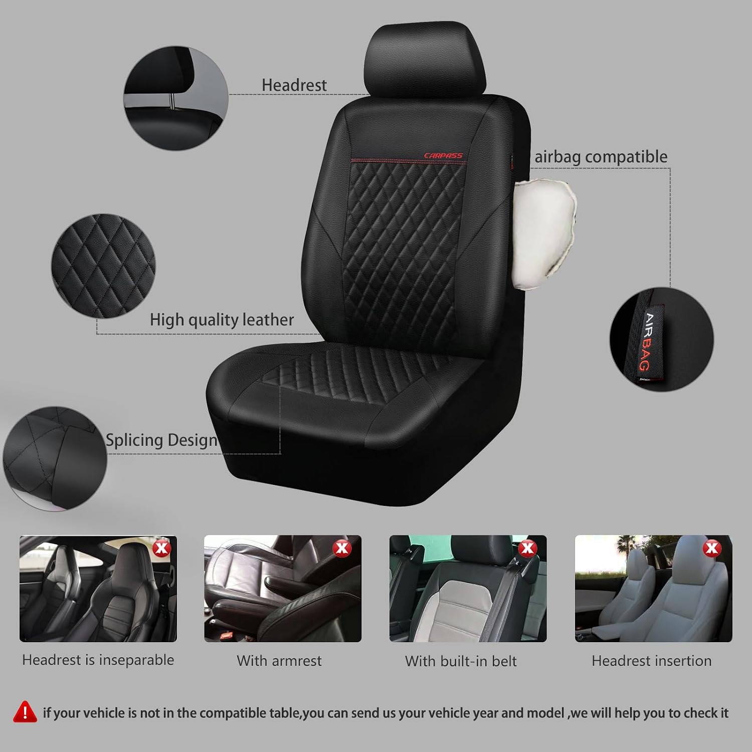 Quilting Leather Seat Cover Two Front Seats Only, Universal Fit Automotive Front Seat Covers Waterproof Deluxe PU