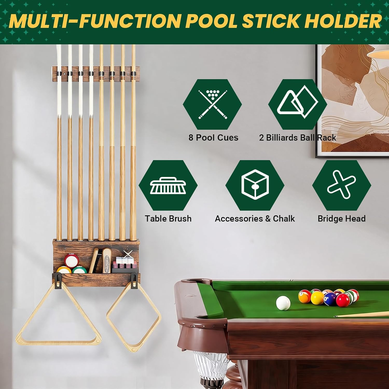 Wall Mount Pool Cue Holder – Hardwood Billiards Cue Rack for 8 Sticks, Pool Stick Wall Mount Storage Organizer, Pool