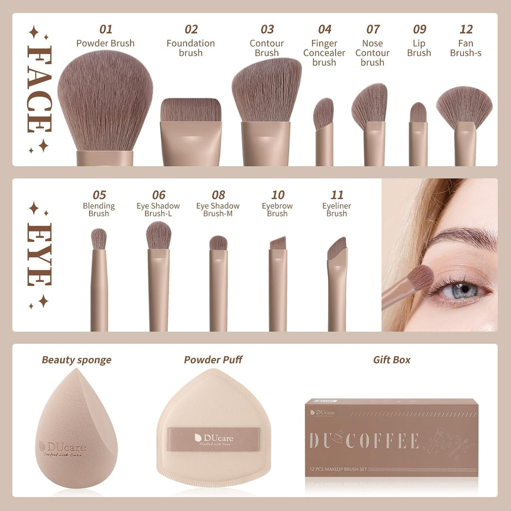 14pcs Makeup Gift Set,12Pcs Coffee Series Makeup Brush set with 2pcs Makeup Sponges Foundation Blending Face Powder