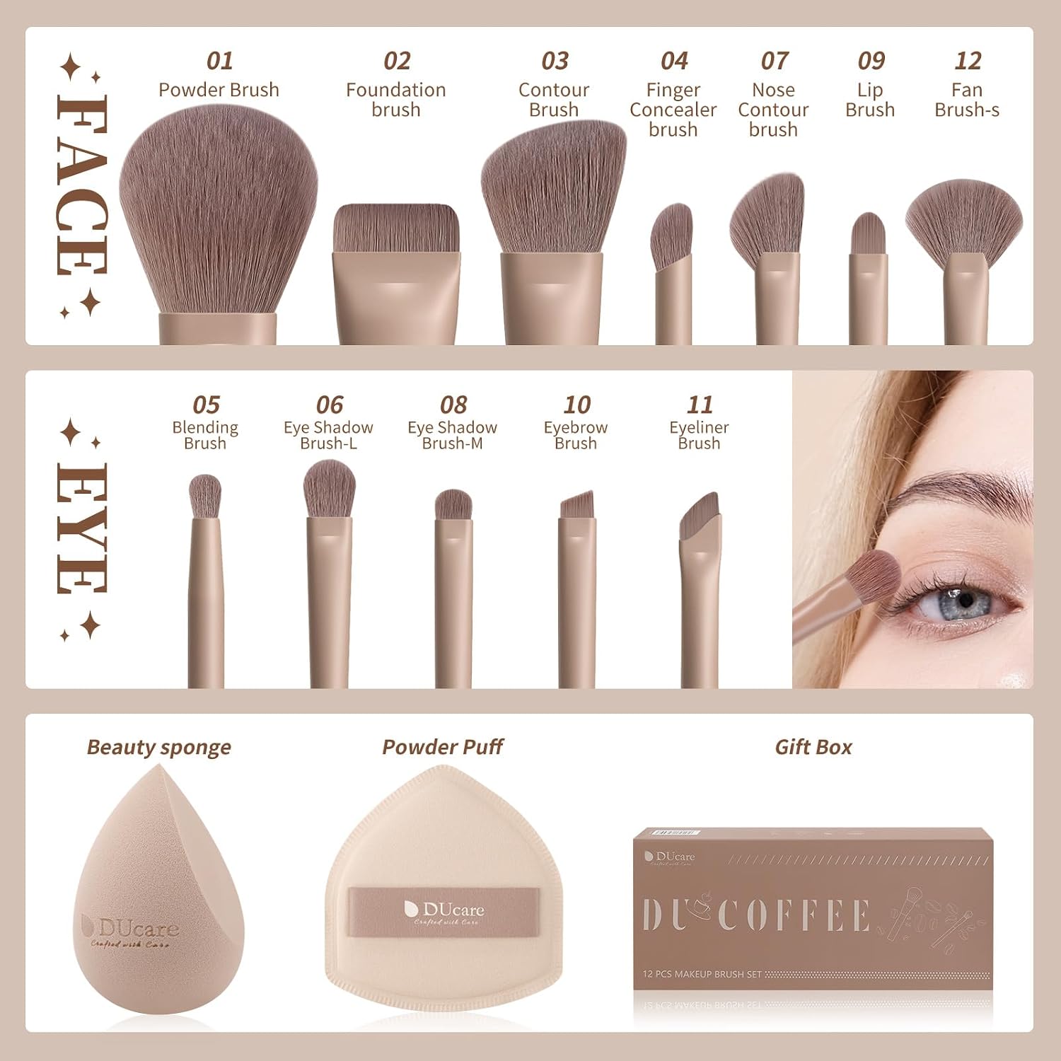 14pcs Makeup Gift Set,12Pcs Coffee Series Makeup Brush set with 2pcs Makeup Sponges Foundation Blending Face Powder