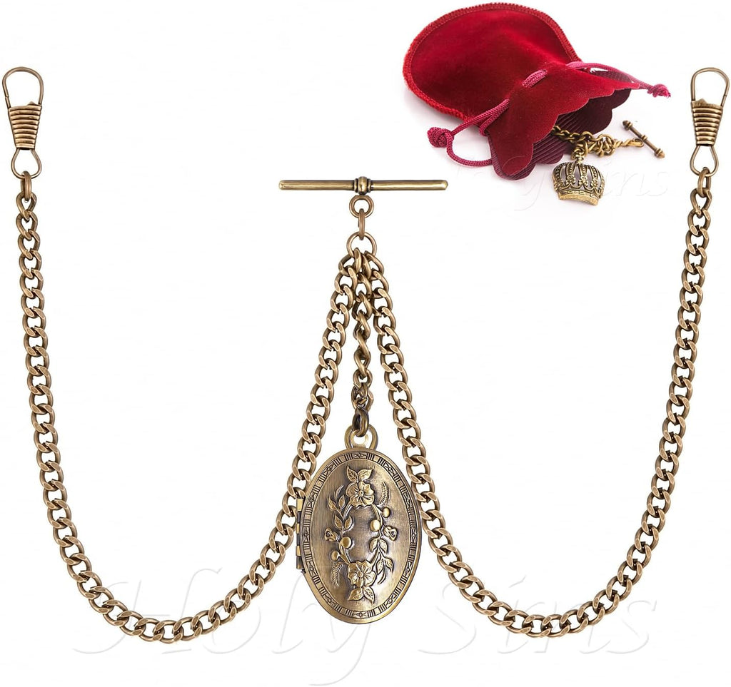Vintage-Inspired 14" Bronze Pocket Watch Chain with Photo Locket Pendant | Elegant Double Albert T-Bar Design | Men's