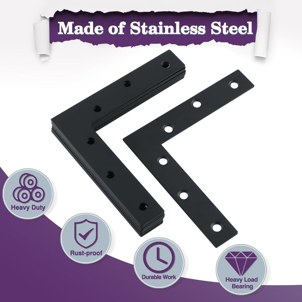 L Flat Brackets for Wood,Corner Bracket Mending Plate,Black,4Pcs