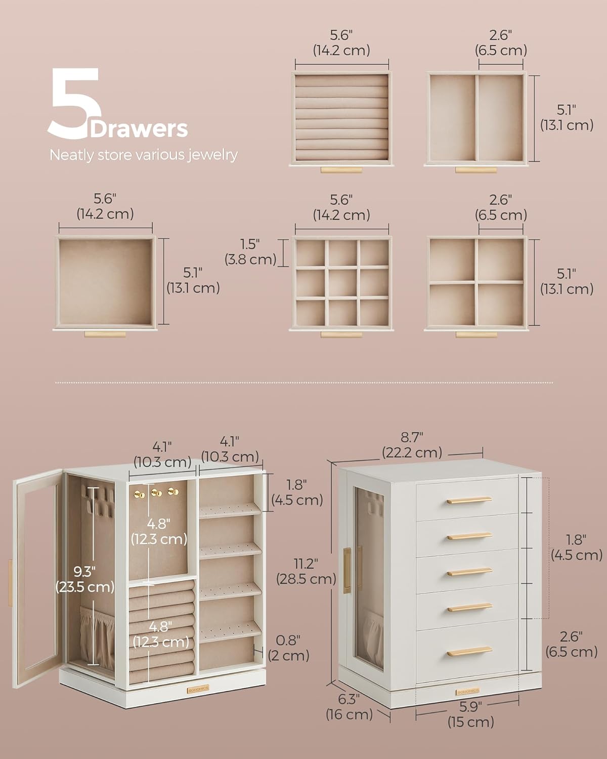 GISELLA Collection - Jewelry Box Organizer 360° Rotating, Vertical Jewelry Storage Case with 5 Drawers, Glass Window