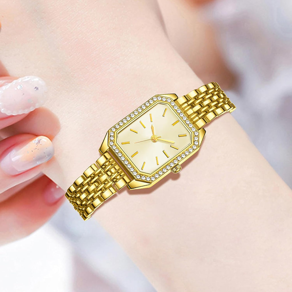 3 Pieces Women Gold Watch Bracelets Set Fashion Costume Jewelry Stainless Steel Gold Plated Square Wristwatch Diamond