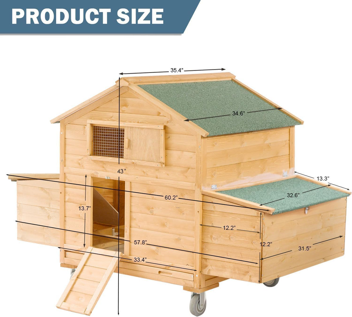 Large Chicken Coop with Wheels, Waterproof Outdoor Hen House for 6-8 Chickens, Movable Chicken House with Two Nesting