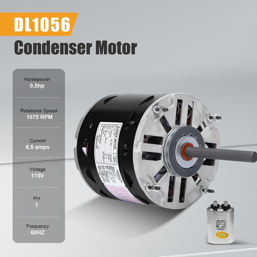 DL1056 Sleeve Bearing Direct Drive Blower Motor 1/2 HP, 1075 RPM, 3 Speed, 115 Volts 8 Amps, 48 Frame, Sleeve Bearing Compatible with A.O.Smith/Century/GE/Fasco/Emerson/Franklin/Dayton