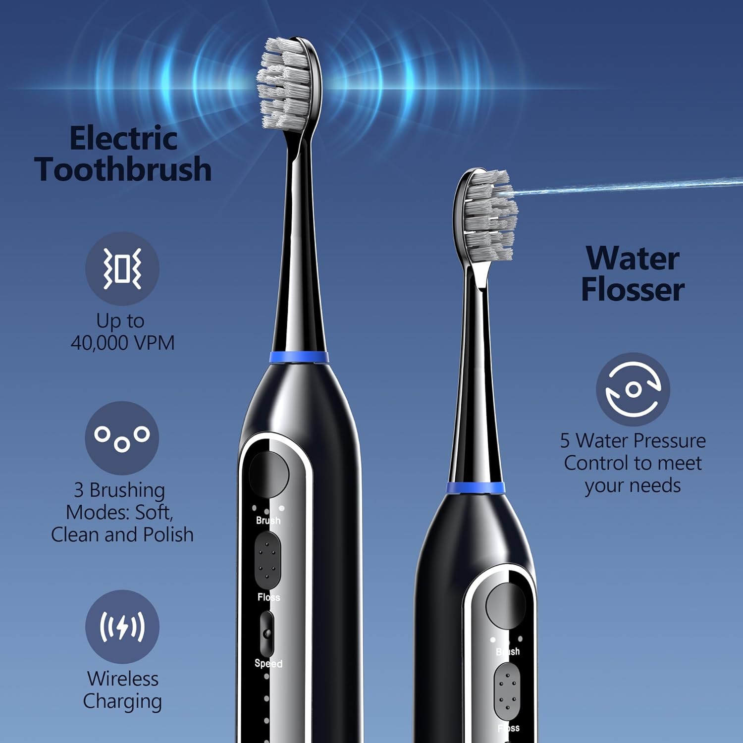 Electric Toothbrush with Water Flosser Combo, 2-in-1 Flosses and Sonic Toothbrush, Flossing Toothbrush for Adults