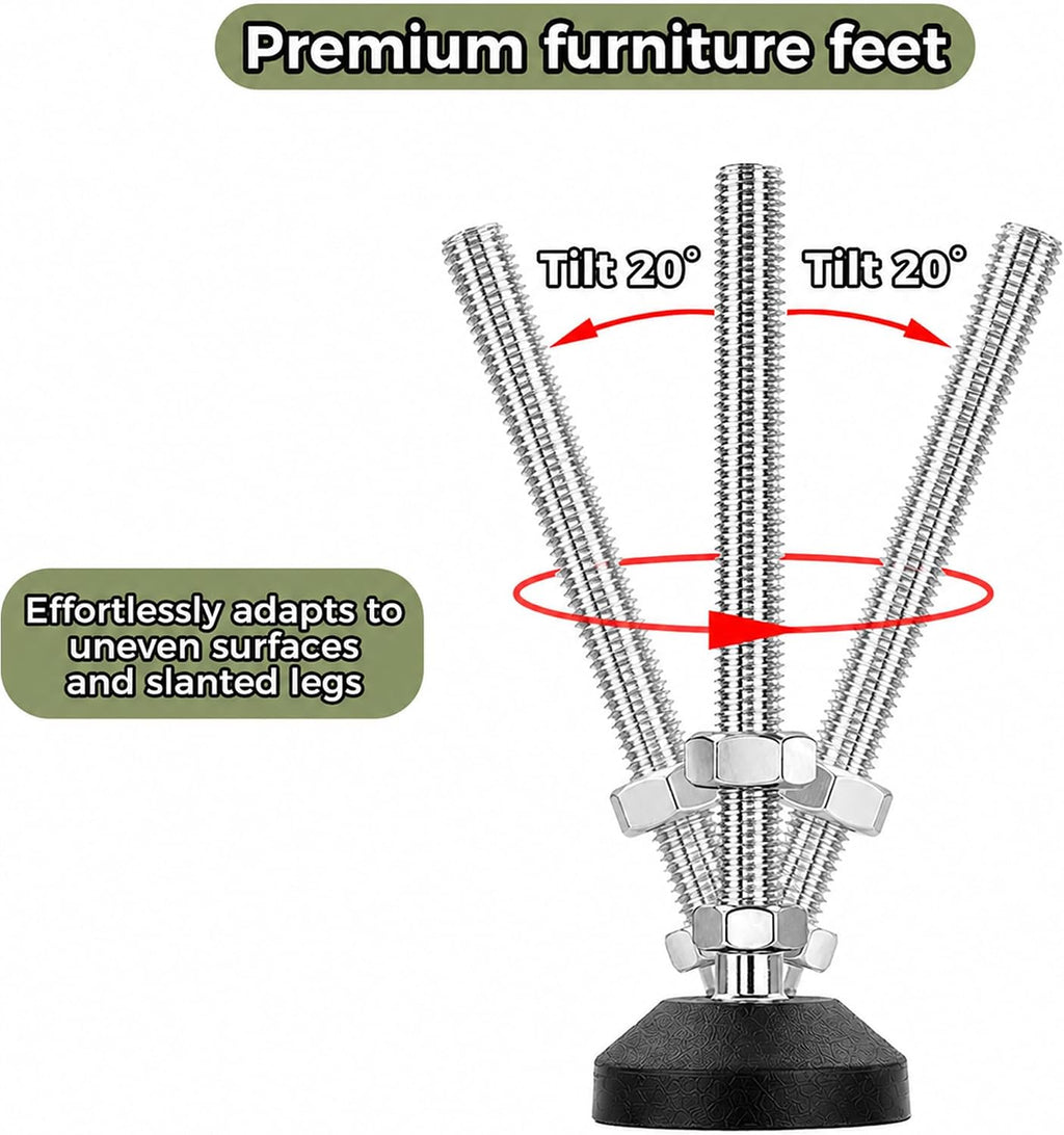 M12 Adjustable Leveling Feet, 4 Pack, 20° Swivel Base with T-Nuts