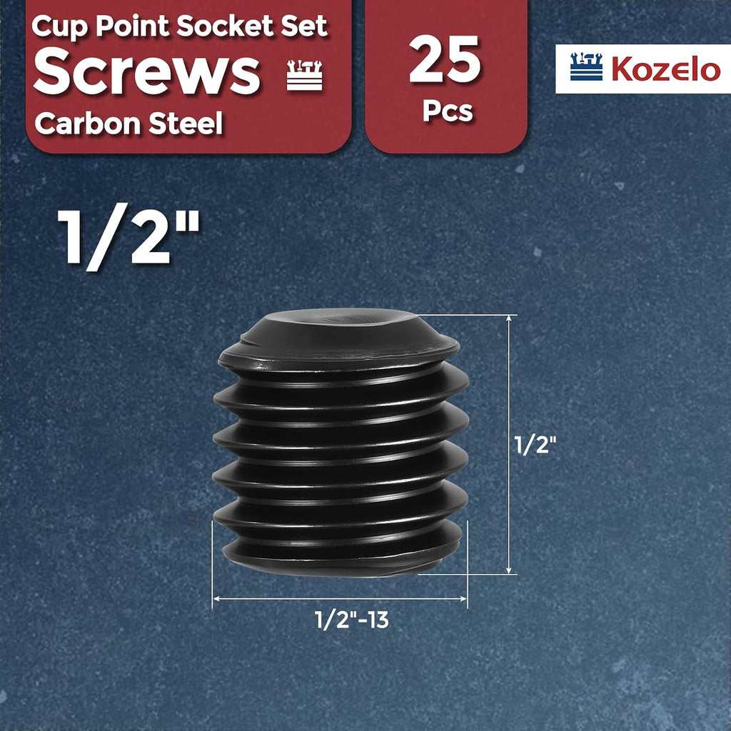 25Pcs Cup Point Socket Set Screws-1/2-13x1/2 Carbon Steel