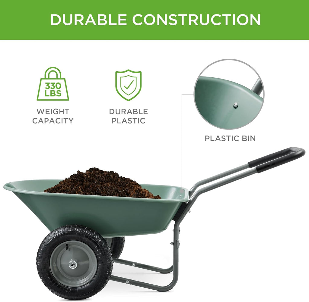 Dual-Wheel Home Utility Yard Wheelbarrow Garden Cart w/Built-in Stand for Lawn, Gardening, Construction - Seafoam