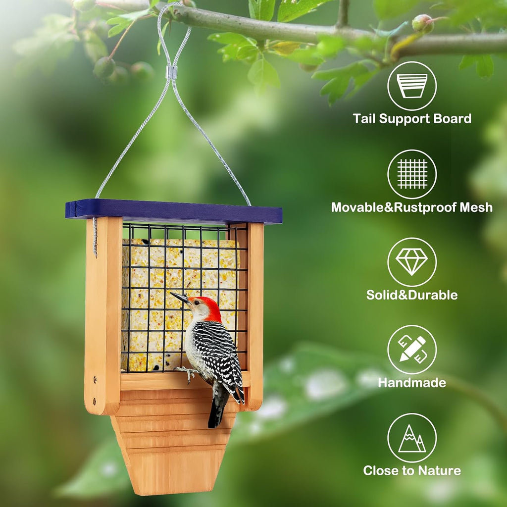 Wooden Suet Feeder with Tail Prop for Outside Hanging, Blue Roof