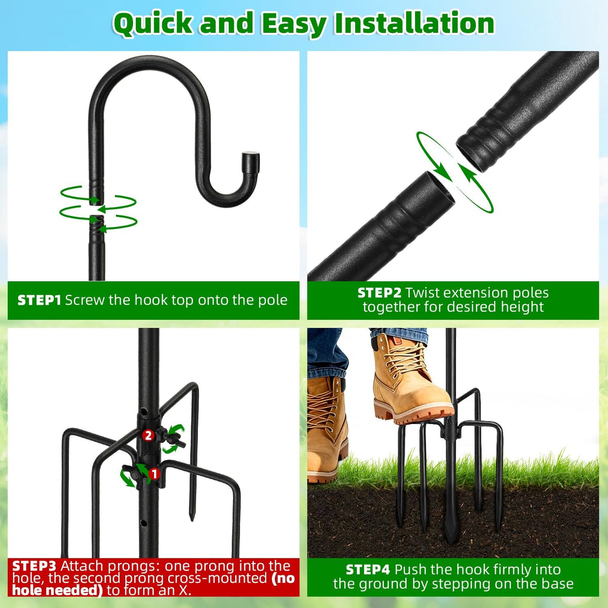 78" Heavy Duty Shepherds Hooks for Outdoor, Bird Feeder Pole with 5 Prong Base, Adjustable Height Shepherds Hook for