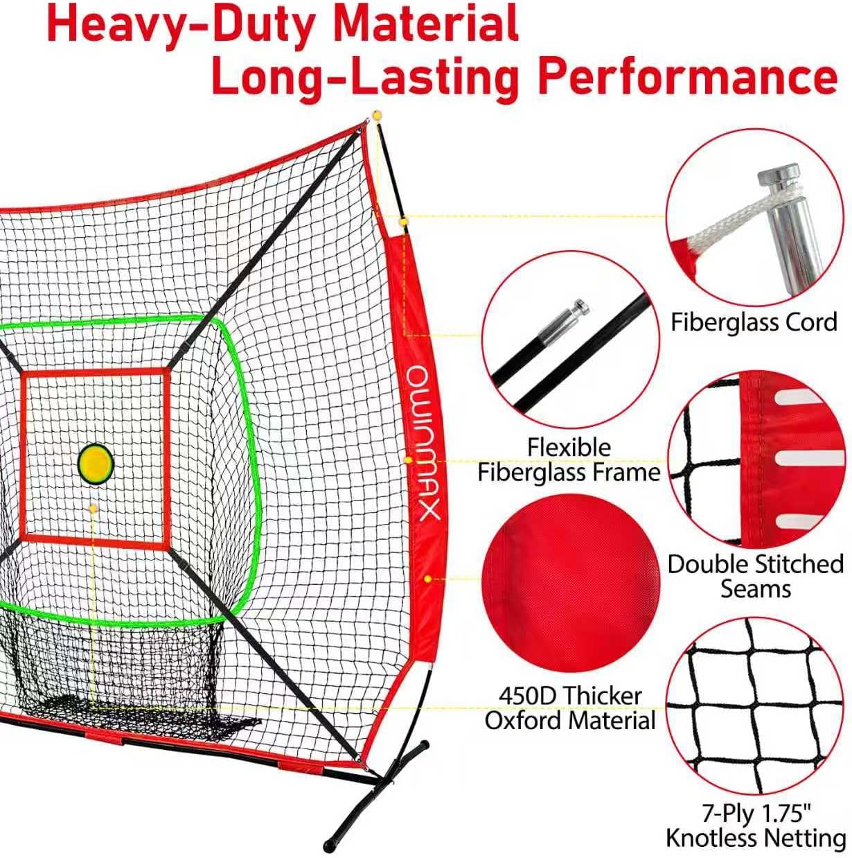 7x7 FT Baseball Net, Baseball & Softball Training net with Batting Tee, Strike Zone & Circular Target and Weighted