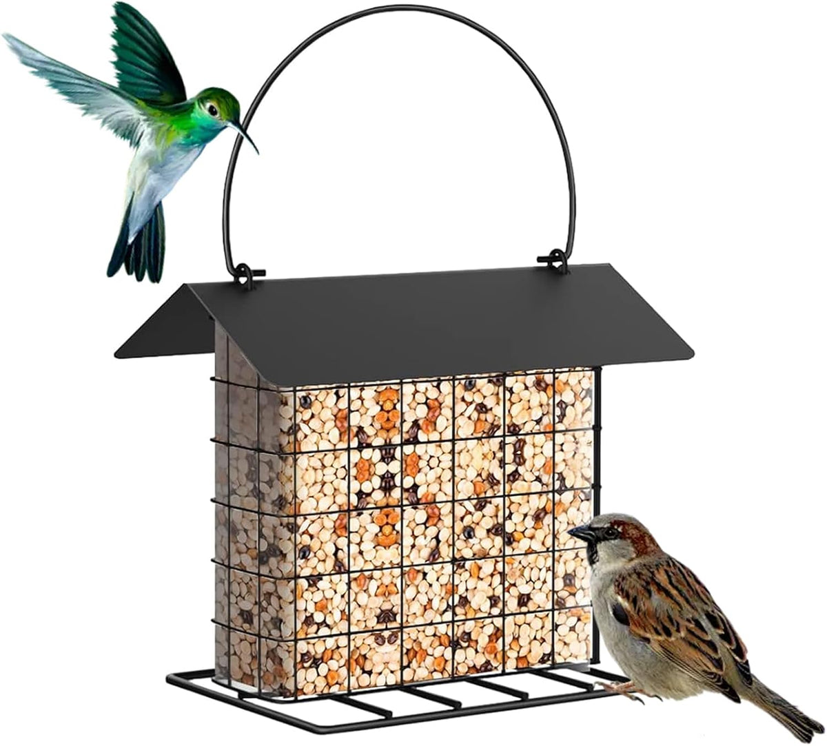Suet Ball Bird Feeder Outdoor Hanging Metal Wire Wild Bird Feeder Fat Ball Food Feeder with Metal Roof and Platform