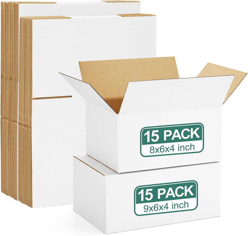 30 Pack Small Shipping Boxes Assorted Sizes, 8x6x4 & 9x6x4 15 PCS Each Small Boxes, White Corrugated Box Mailers