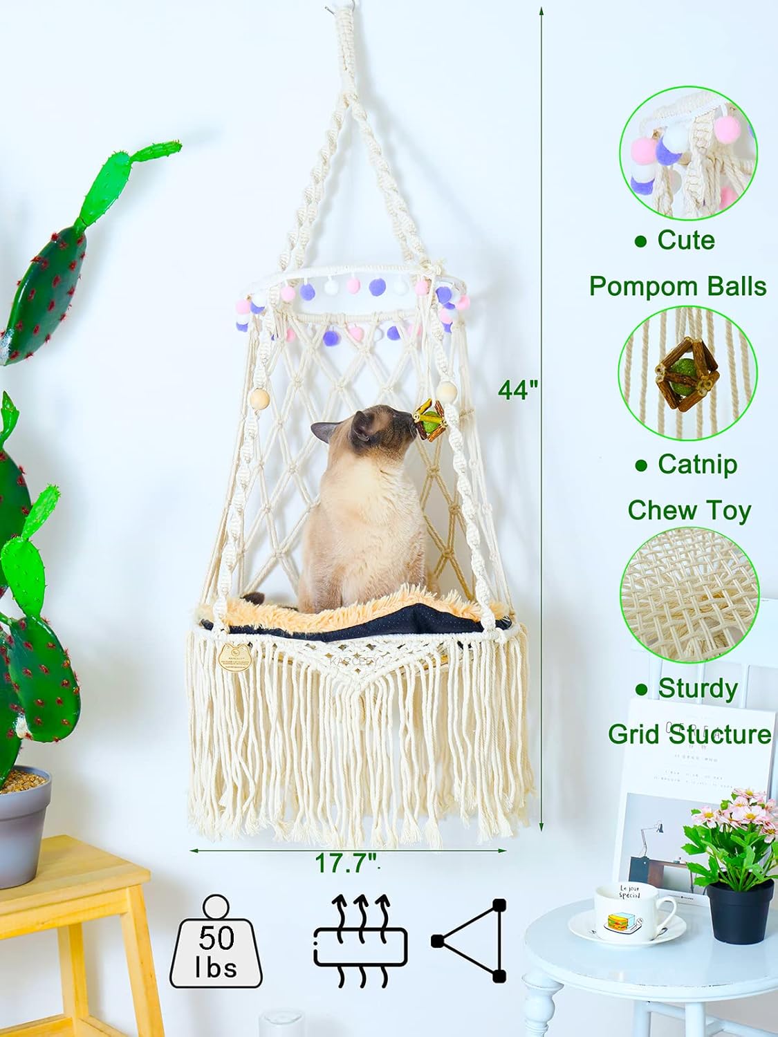 Cat Hammock Macrame Hanging Bed for Large Cats - 50lbs Heavy Duty Cat Swing Wall Mounted Boho Window Perch - Hardware