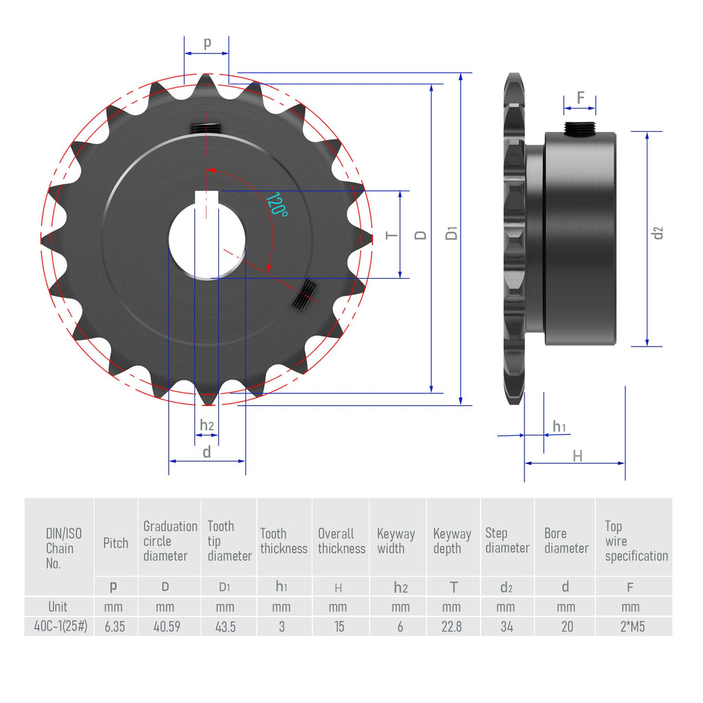 FOCMKEAS 20 Tooth Roller Chain Sprocket, 25 Chain, 20mm Bore, Kw