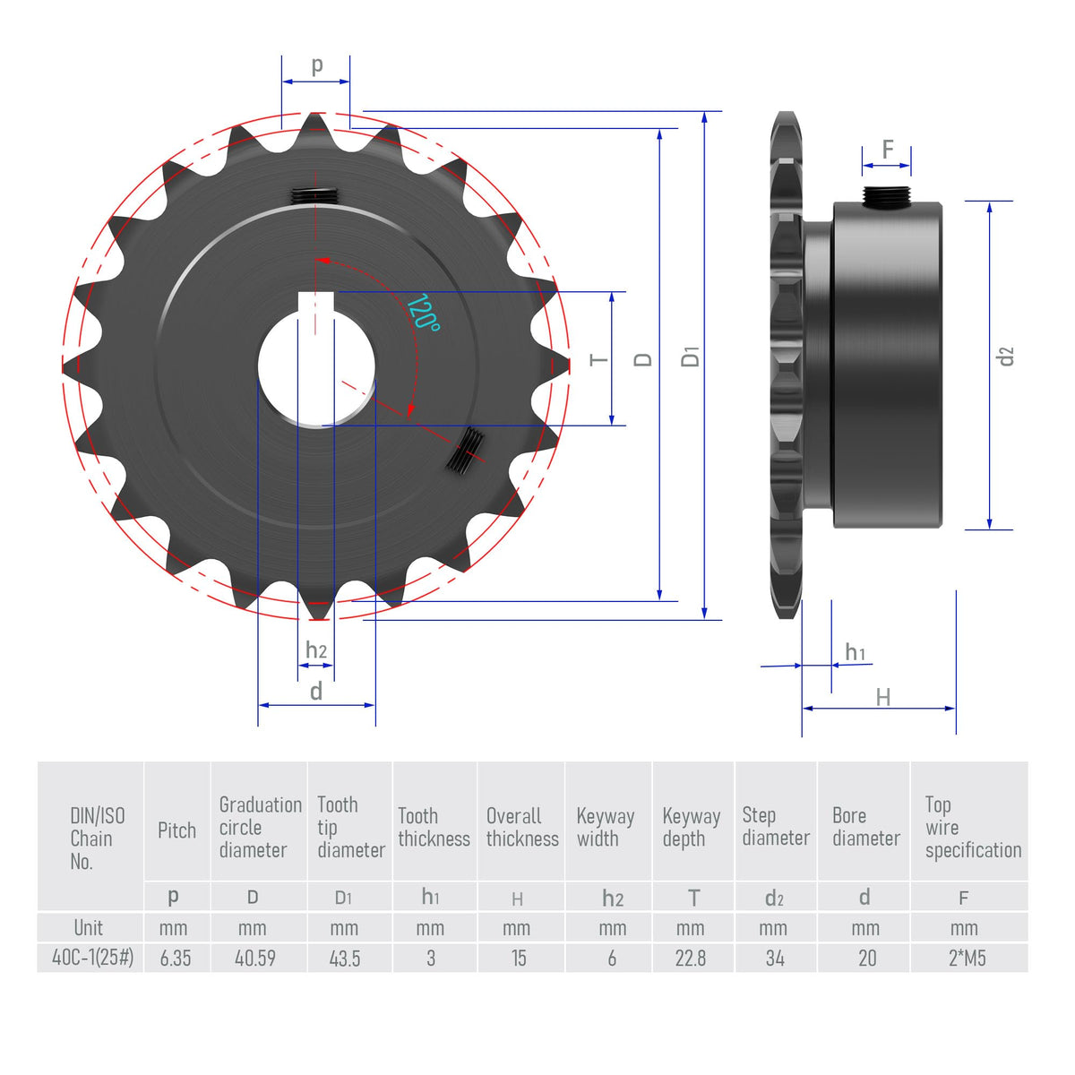 FOCMKEAS 20 Tooth Roller Chain Sprocket, 25 Chain, 20mm Bore, Kw