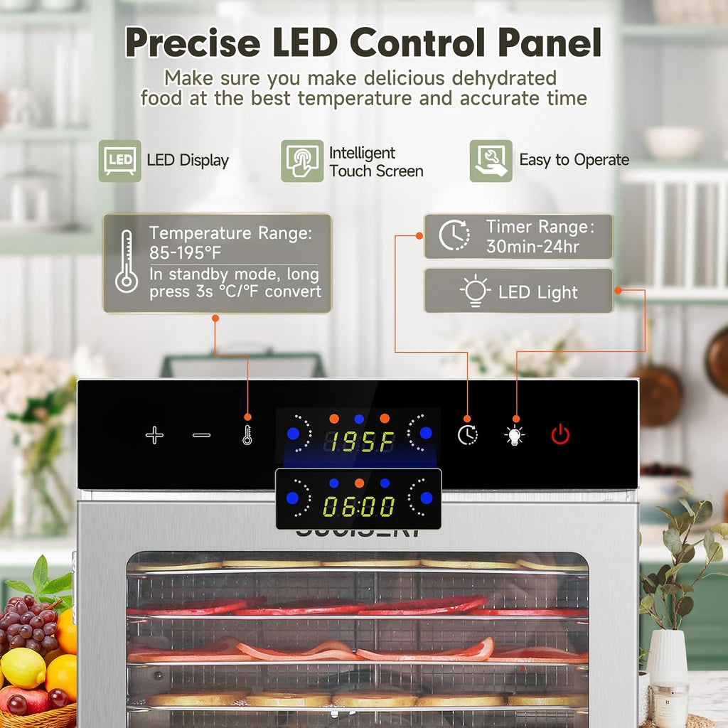 Food Dehydrator Machine 1000W 18 Trays Stainless Steel Commercial Food Dehydrated Dryer with 24H Timer Touch-Control