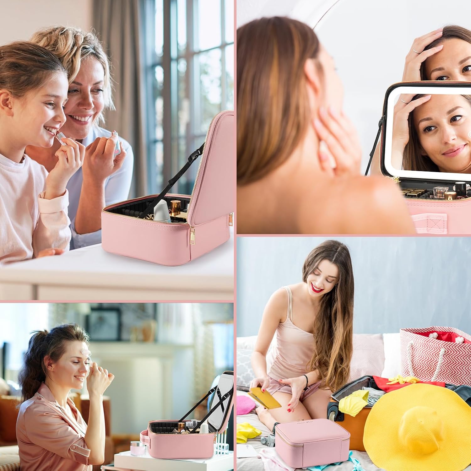 Makeup Travel Train Case with Mirror LED Light 3 Adjustable Brightness Large Cosmetic Bag Portable Storage Adjustable