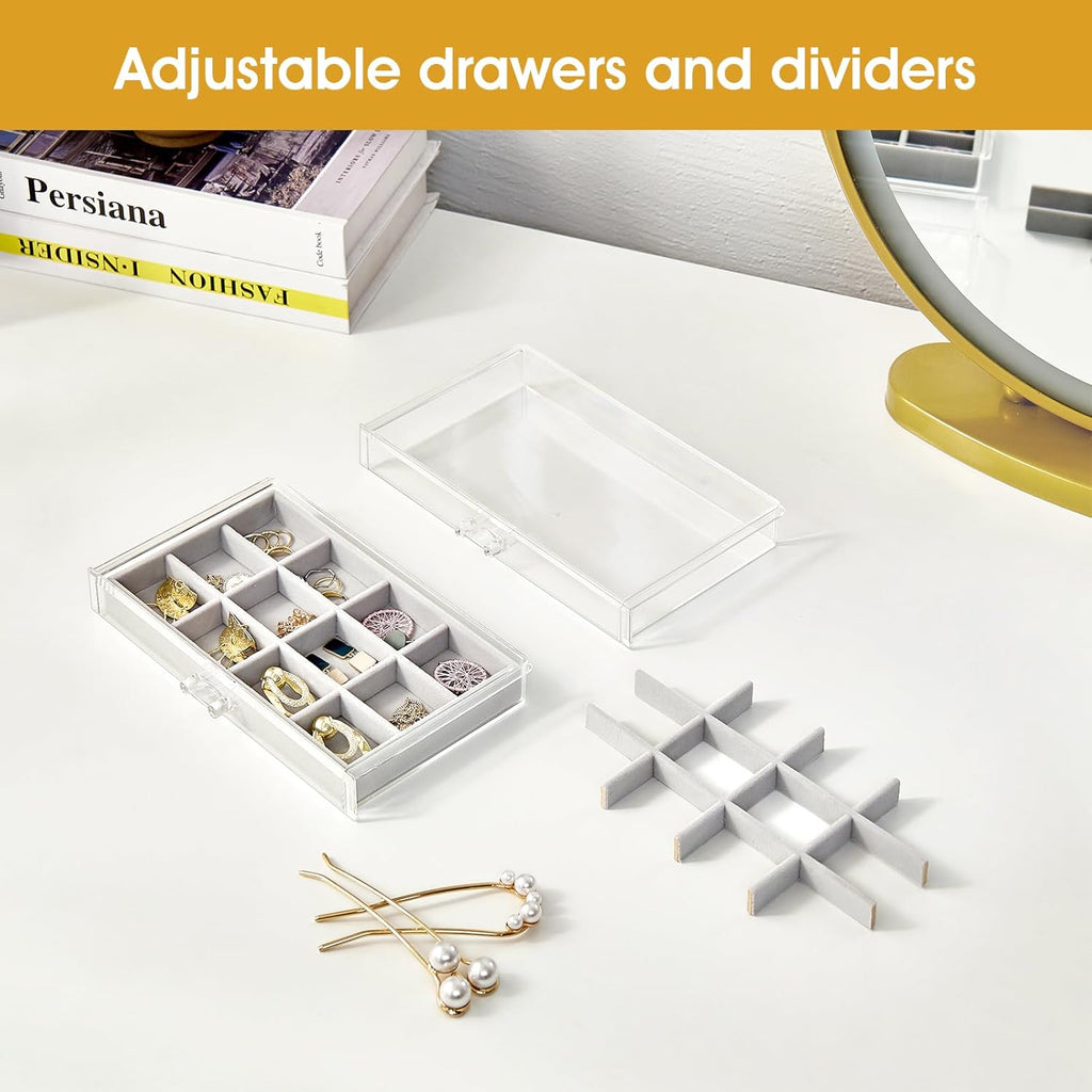 Earring Holder Organizer Jewelry Box with 5 Drawers, Acrylic Clear Earring Case with Adjustable Velvet Trays for