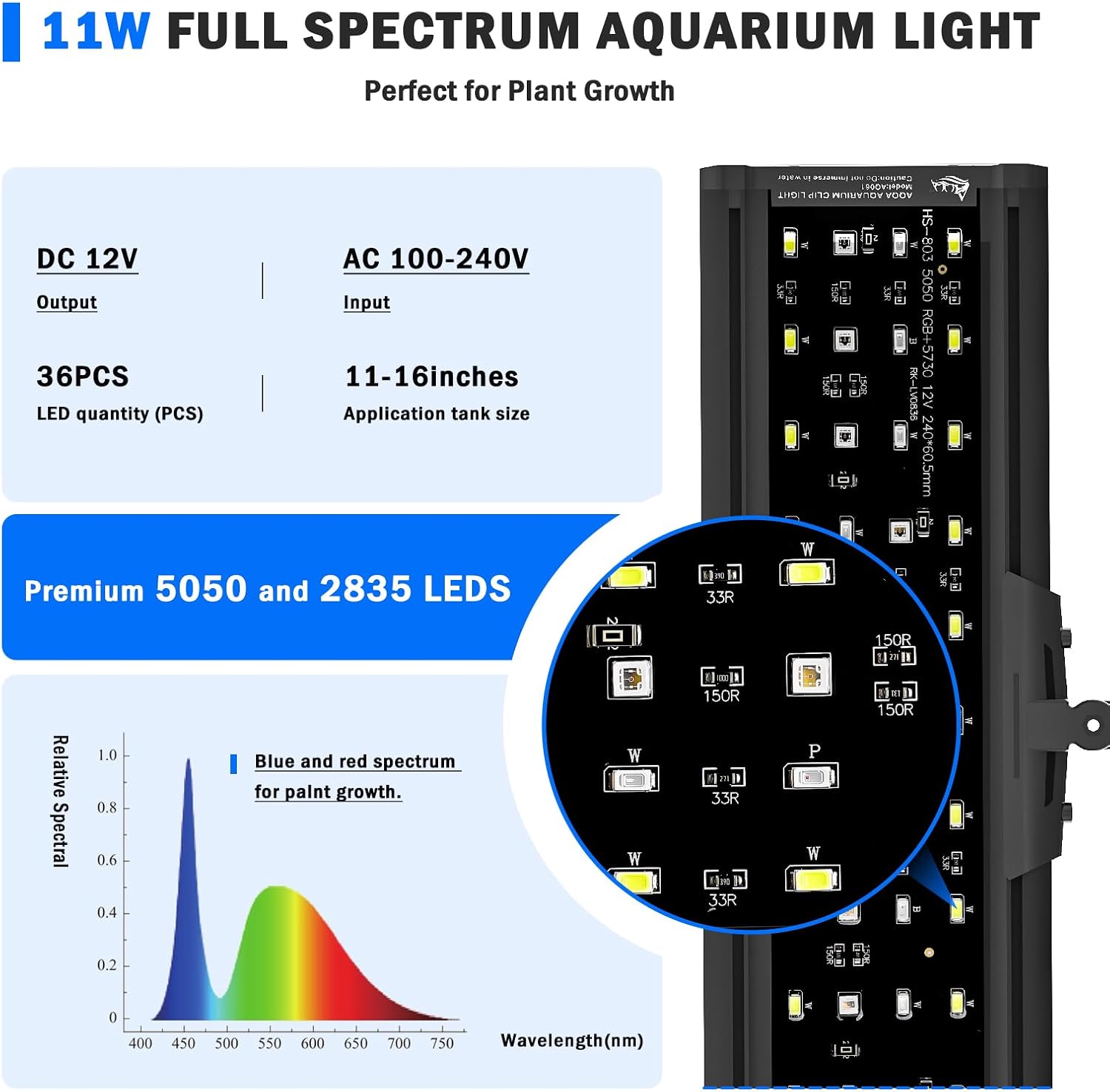 Clip On Aquarium Light, 24/7 & DIY Mode Full Spectrum Fish Tank Light | Adjustable Timer & Brightness, Memory