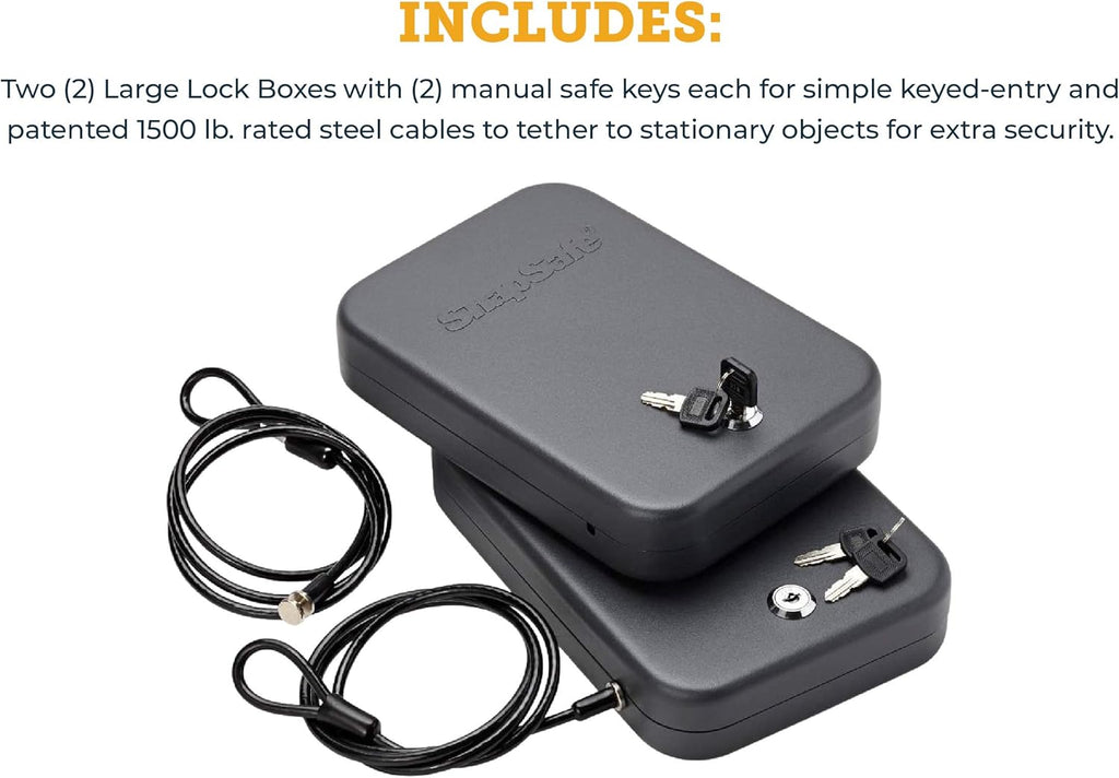 Portable Lock Box for Guns and Valuables, 2 Pack - Includes 2 Lock Boxes (Keyed Alike), 4 Keys and 1500 Pound