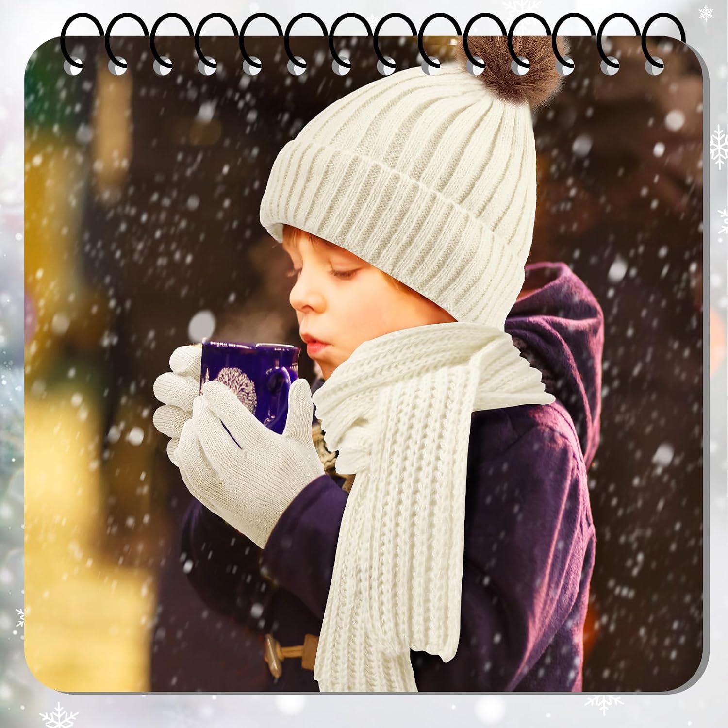4 Sets Kids Winter Hat Gloves Scarf Set Girls Boys Knit Hat Long Scarf Snow Gloves Outdoor for Toddler
