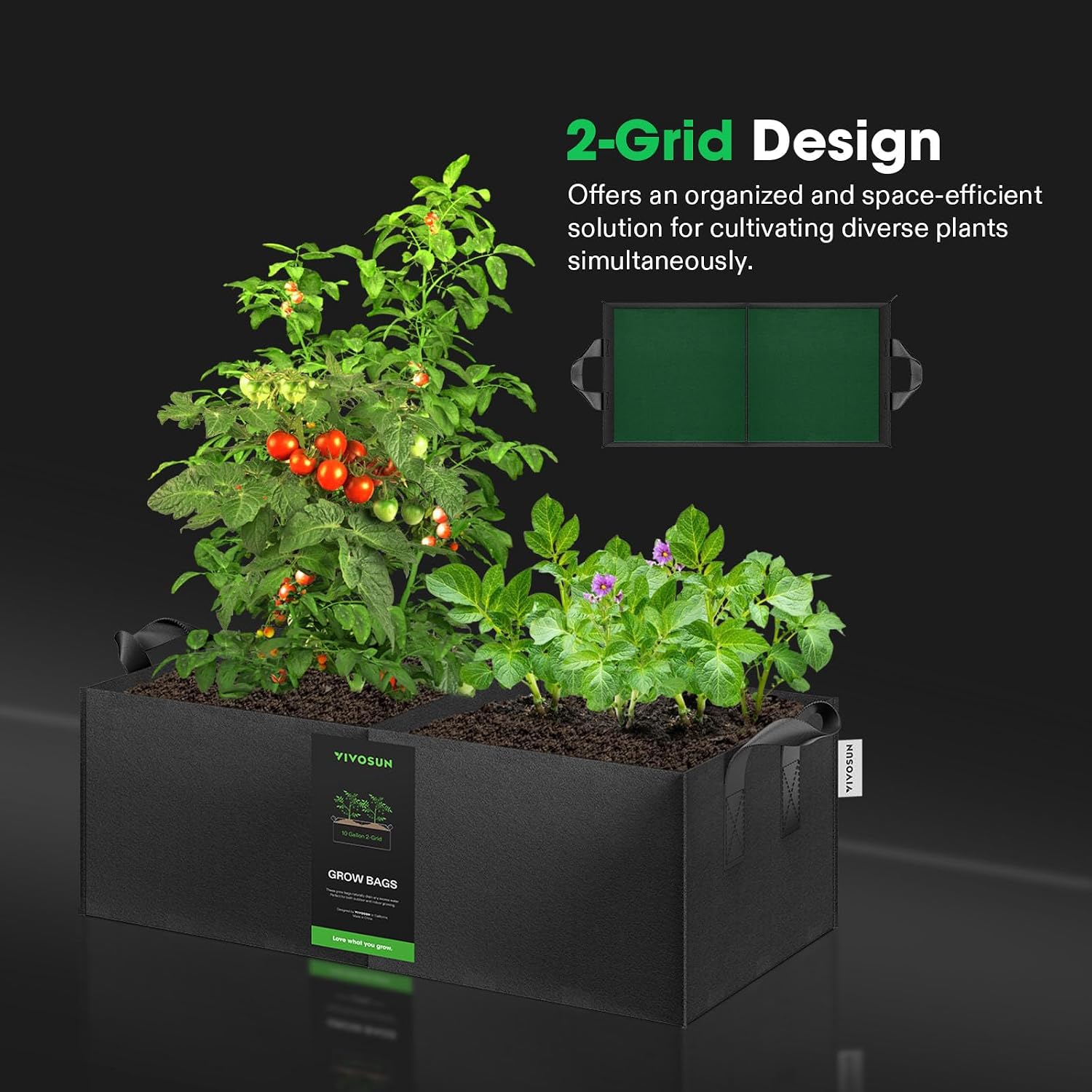 VIVOSUN 3-Pack 10 Gallon 2-Grid Grow Bags, 400G Fabric Pots with Handles | 400G Thickened Nonwoven Fabric, 2-Grid