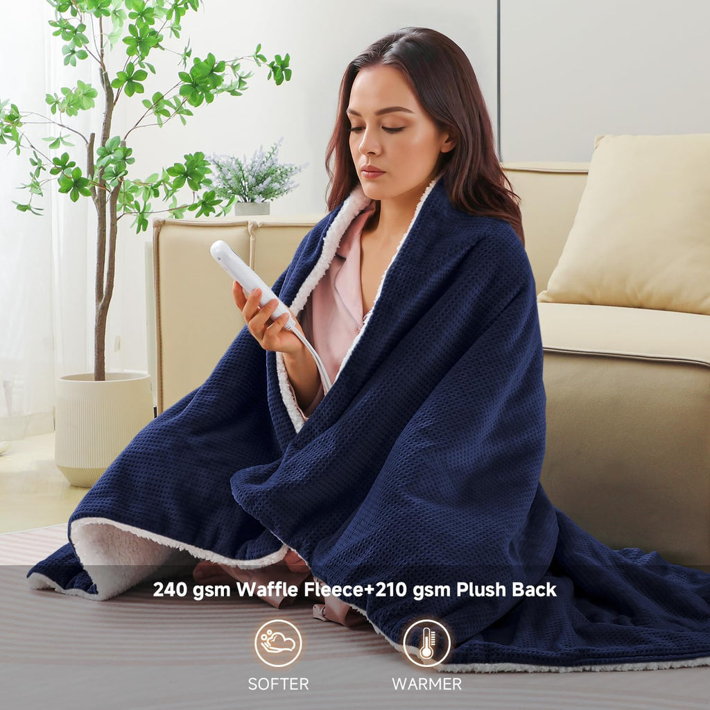 Waffle Fleece Heated Blanket King Size, Dual Control, Navy