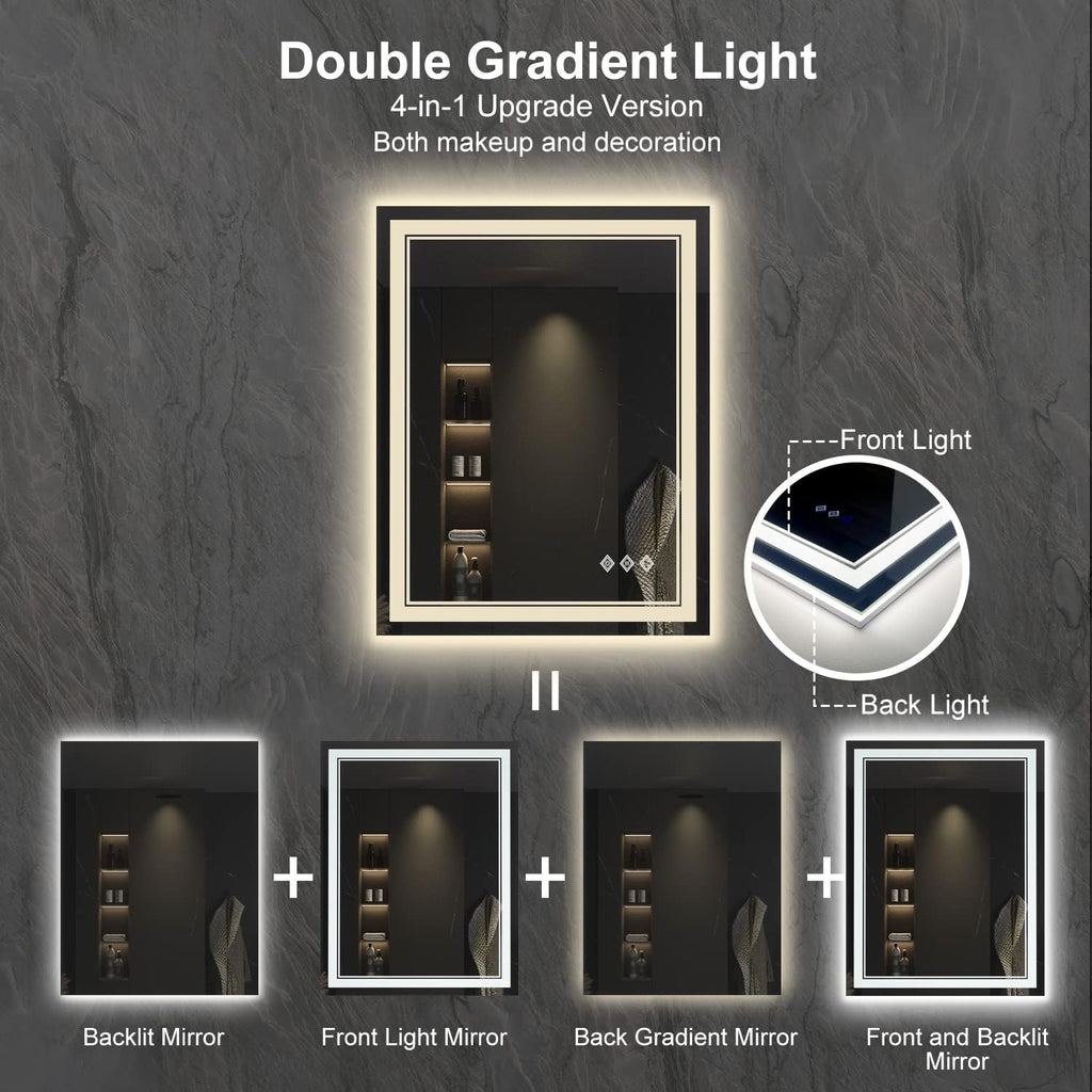 LED Bathroom Mirror, 24x32 Inch Vanity Mirror with Lights | Gradient Front and Backlit Bathroom Mirror with Lights, 3