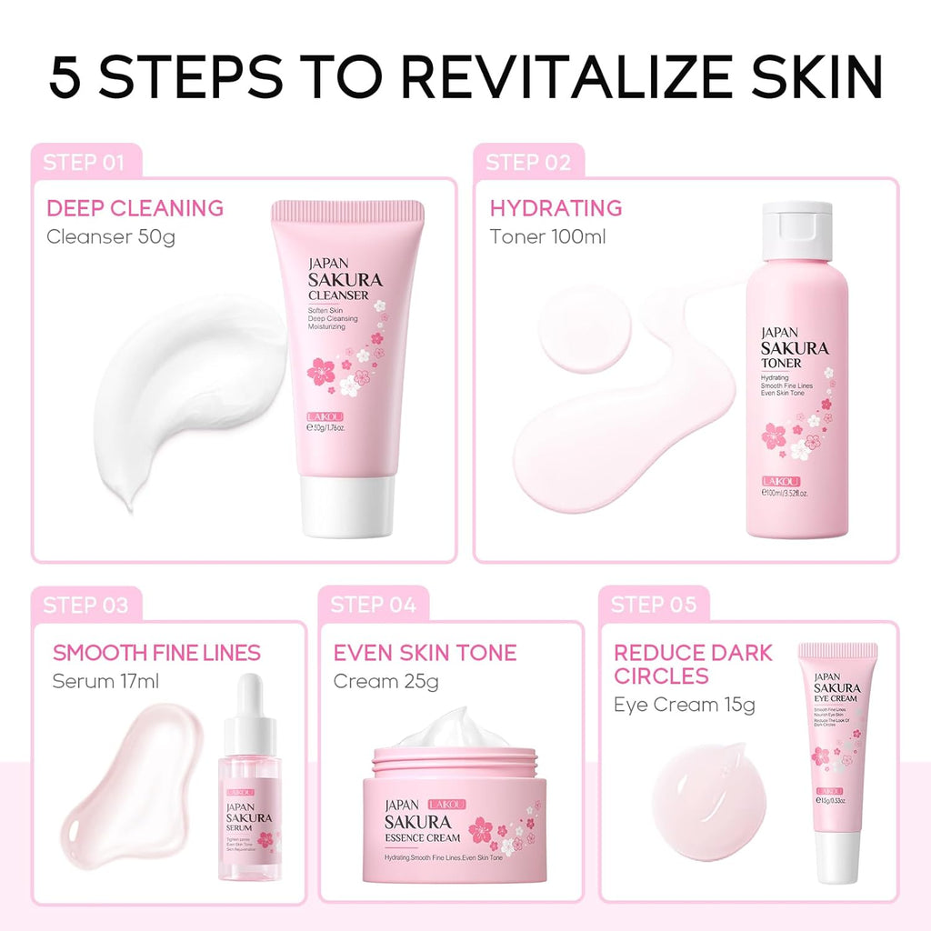 Skin Care Set JAPAN SAKURA Women Beauty Gift Sets Skin Care Kit with Cleanser, Toner, Serum, Eye Cream, Face Cream