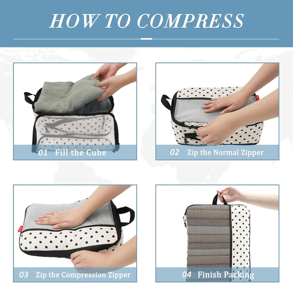 6 Set Compression Packing Cubes, Travel Organizers (Polka Dot) | Space-Saving & Drawstring Bag Included