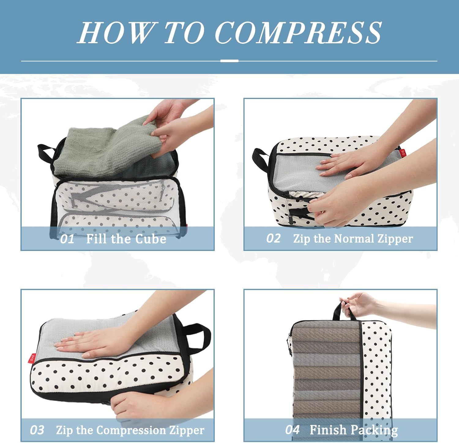 6 Set Compression Packing Cubes, Travel Organizers (Polka Dot) | Space-Saving & Drawstring Bag Included