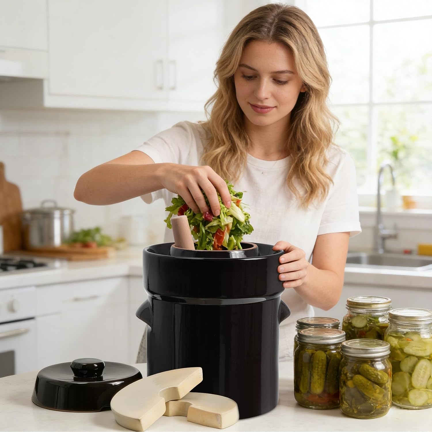 Fermentation Crock Jar 1.3 Gallon for Sauerkraut Pickling Kimchi | 5 Liter, Stoneware Pot, Fermenting, Pickles