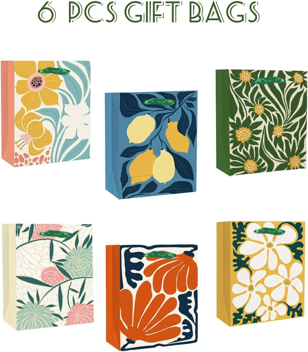 7.9"x4.3"x9.6" 6PCS Clash Flowers Paper Gift Bags with Tissue Paper Handles Medium Size Bags（ Tissue Paper ）
