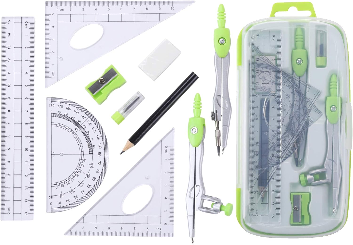 Math Geometry Set 10 Pcs, Compass and Protractor for Students(Green) | Shatterproof Storage