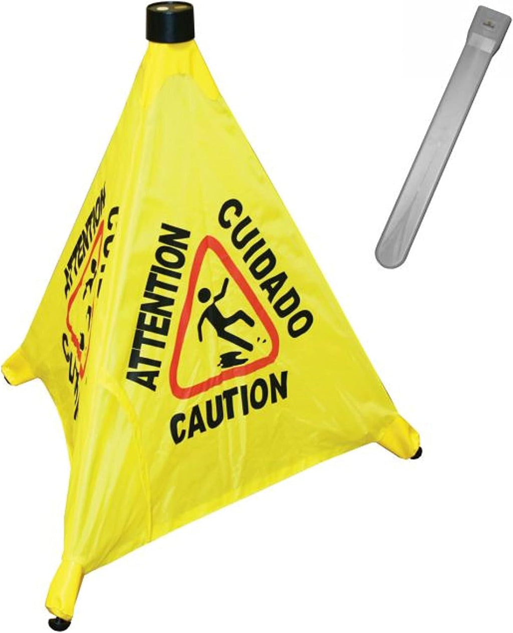 19-1/2" Pop-Up Safety Cone with Storage Tube- Multi-Lingual Caution Imprint and Wet Floor Symbol Floor Warning Sign
